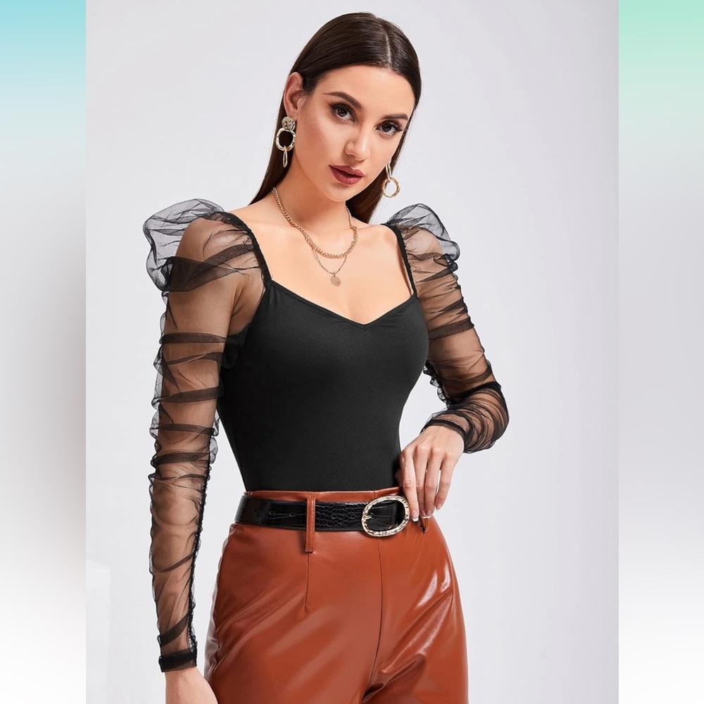 Black sheer mesh bodysuit with puffed sleeves